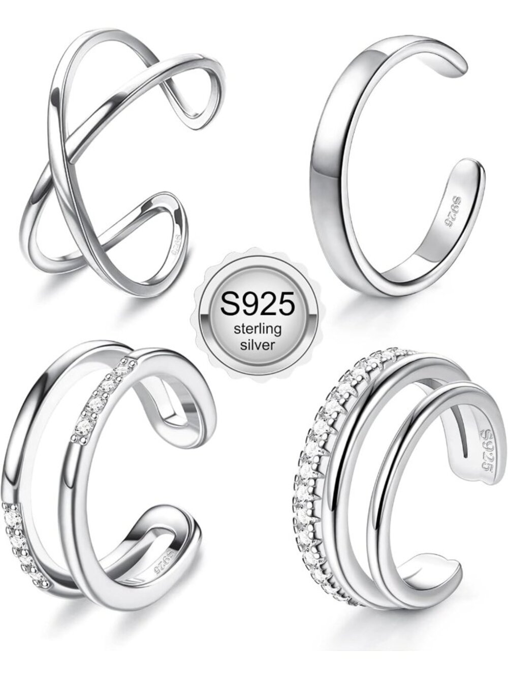 4 Pcs Adjustable Non-Piercing Sterling Silver Ear Cuffs for Women - Clip-On